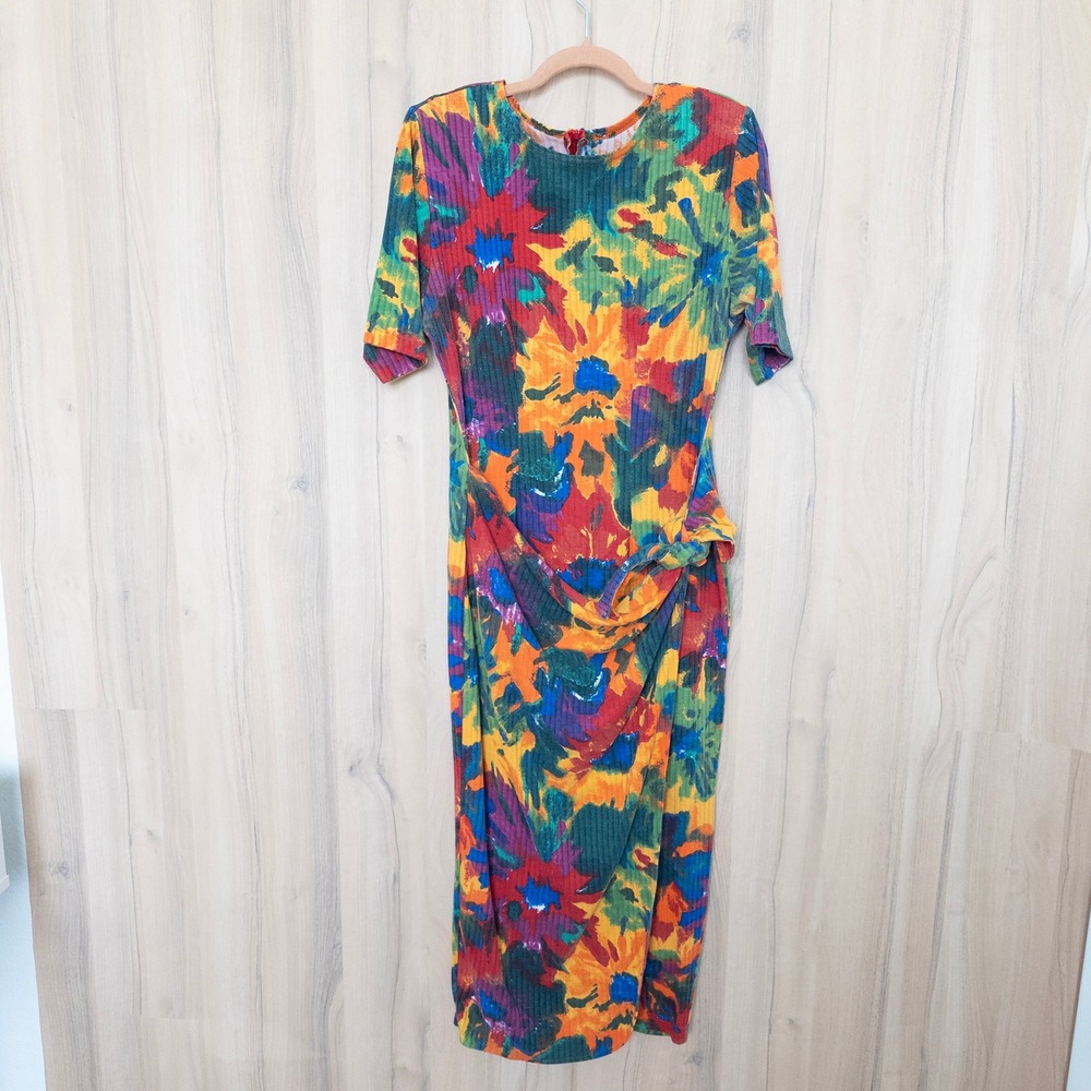 Vintage California Gold Rush Floral Midi Dress L‎ Multicolor Ribbed 70s Artsy